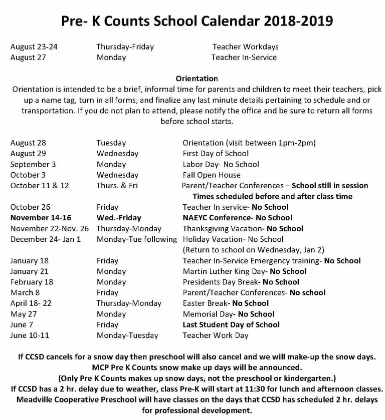 Pre-K Counts school calendar 2018-2019 – Meadville Cooperative Preschool